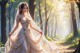 A woman in a wedding dress walking through a forest.